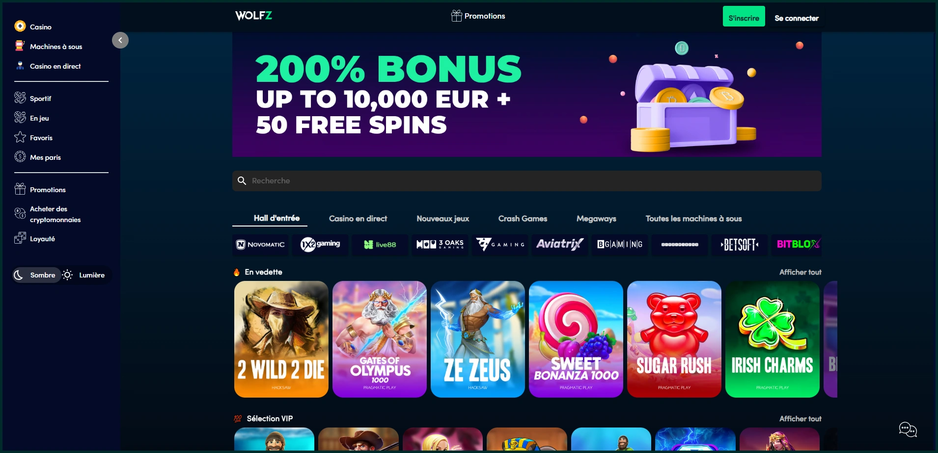 Aperçu compact des sections principales de Wolfz casino