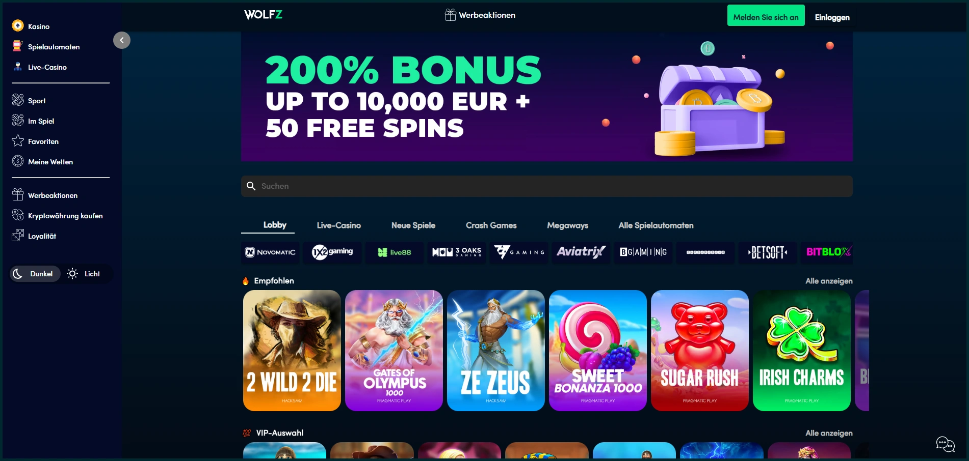 Hauptseite von Wolfz casino Casino