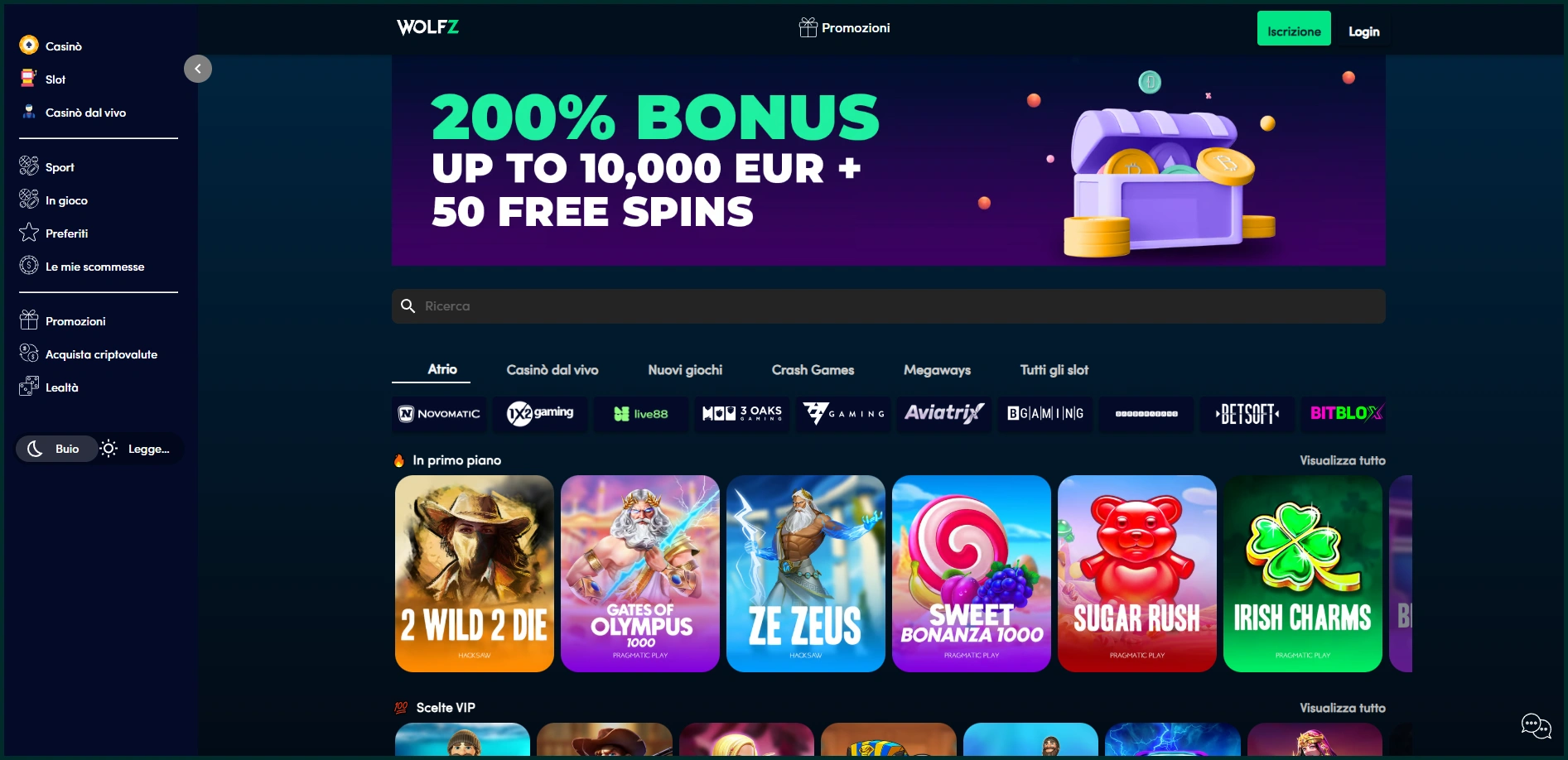 Panoramica compatta delle sezioni principali del casinò Wolfz