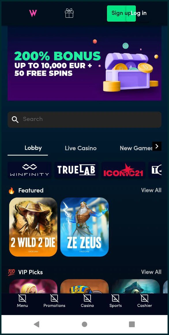 Optimised mobile version of the Wolfz casino website