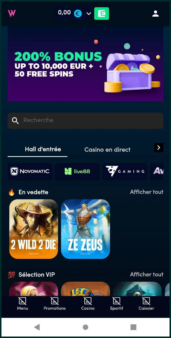 Version mobile optimisée du site Wolfz casino