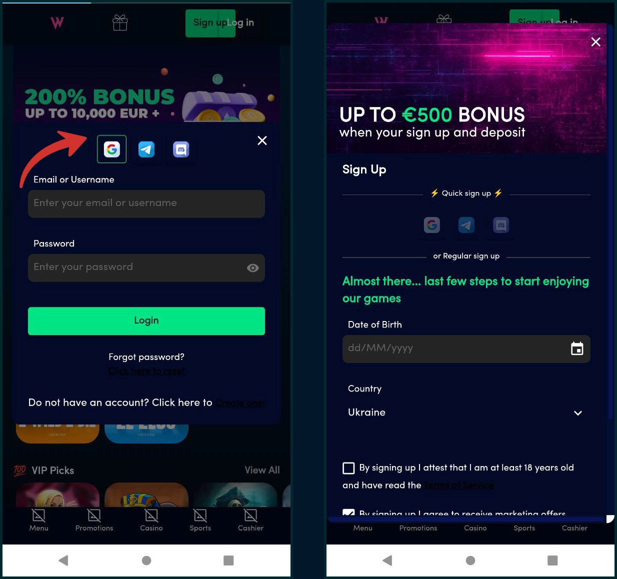 Quick registration for new players at Wolfz casino