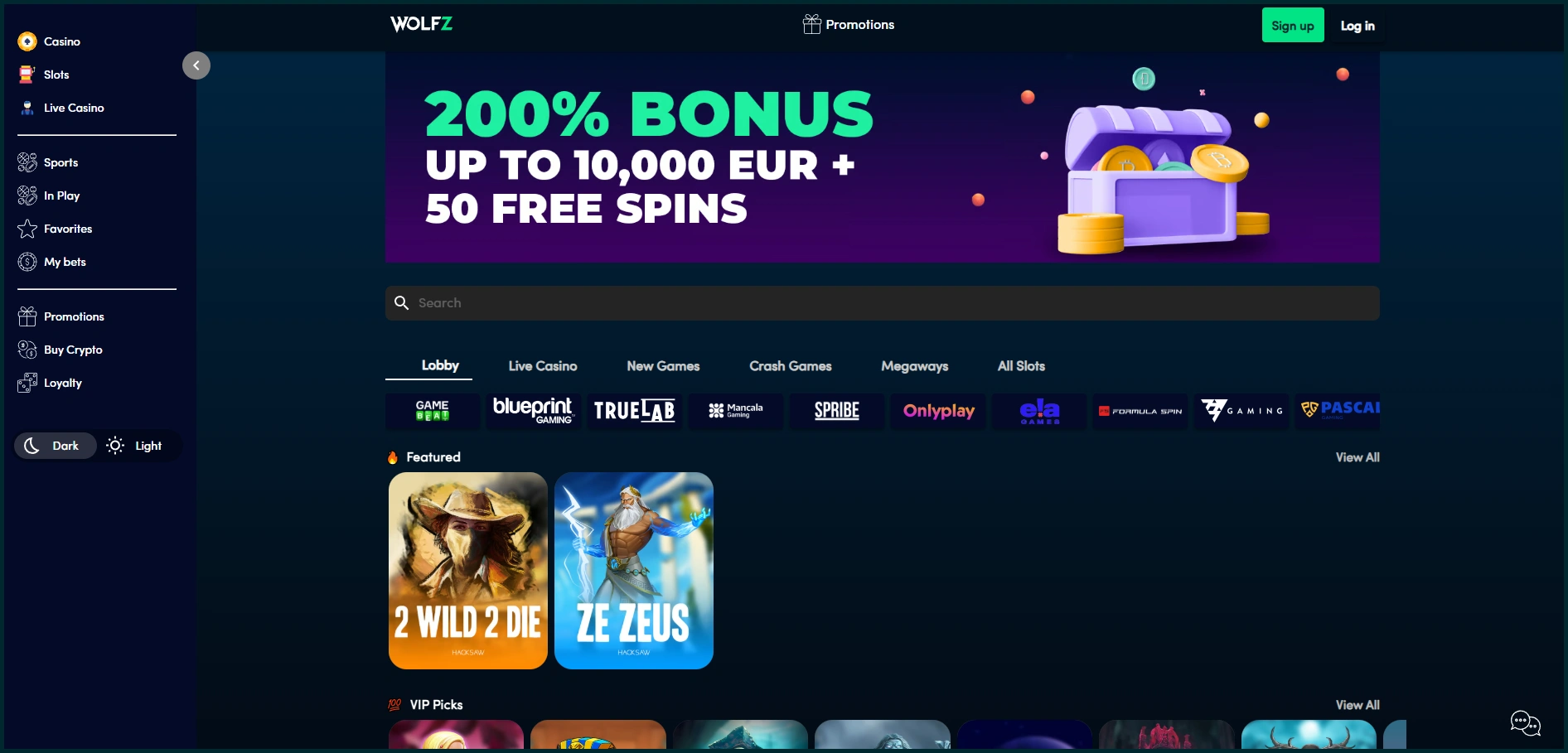 Compact overview of the main sections of Wolfz casino